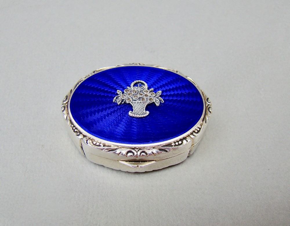 FABULOUS SILVER & GUILLOCHE ENAMEL PILL BOX WITH MARCASITE DECORATIONS, LONDON IMPORT MARKS 1927 View X