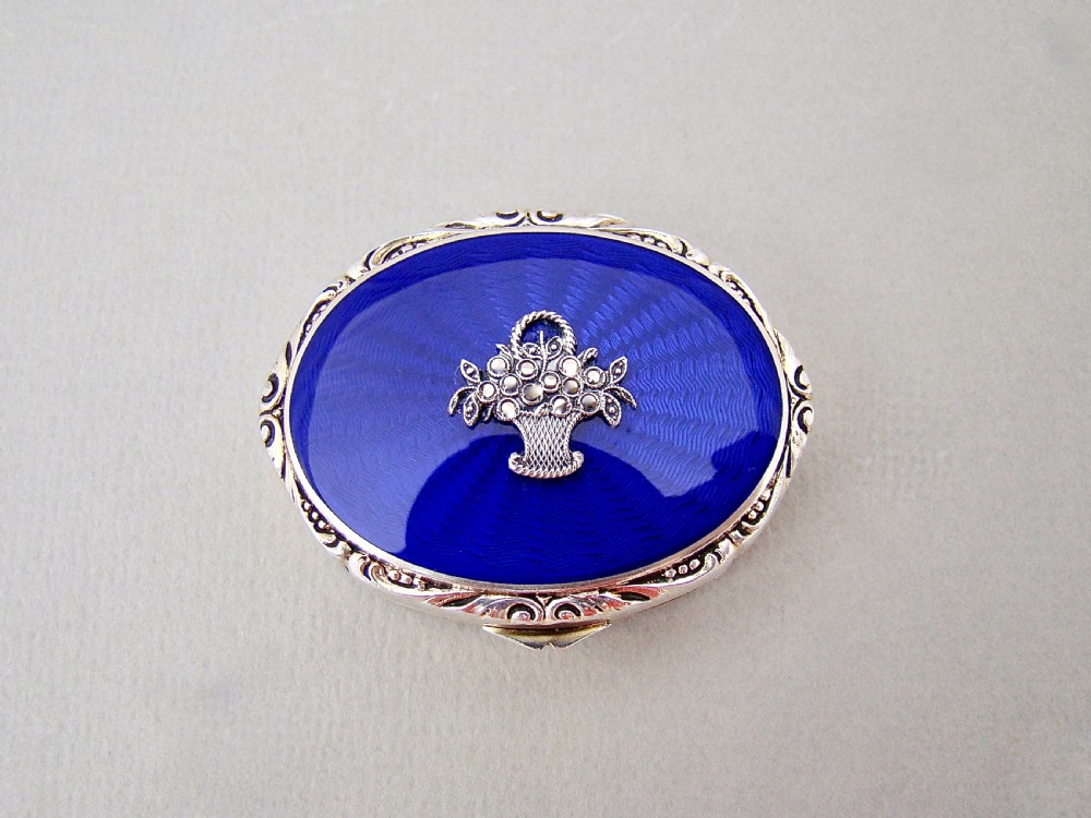 FABULOUS SILVER & GUILLOCHE ENAMEL PILL BOX WITH MARCASITE DECORATIONS, LONDON IMPORT MARKS 1927 View II