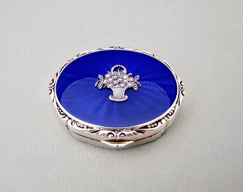 FABULOUS SILVER & GUILLOCHE ENAMEL PILL BOX WITH MARCASITE DECORATIONS, LONDON IMPORT MARKS 1927