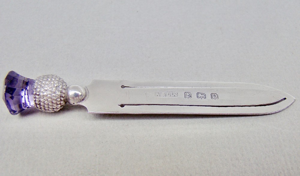 NOVELTY SILVER & AMETHYST GLASS THISTLE BOOKMARK BY ADIE & LOVEKIN, BIRMINGHAM 1913 View IV