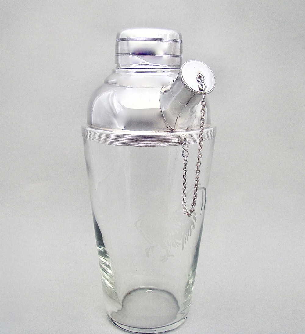 SILVER PLATED GLASS COCKTAIL SHAKER WITH COCKEREL MOTIF BY JAMES DIXON & SONS, SHEFFIELD, CIRCA 1930
