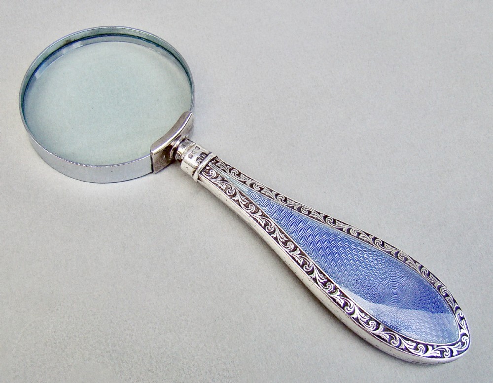 ART DECO SILVER & GUILLOCHE ENAMEL MAGNIFYING GLASS BY HENRY MATTHEWS, BIRMINGHAM 1926
