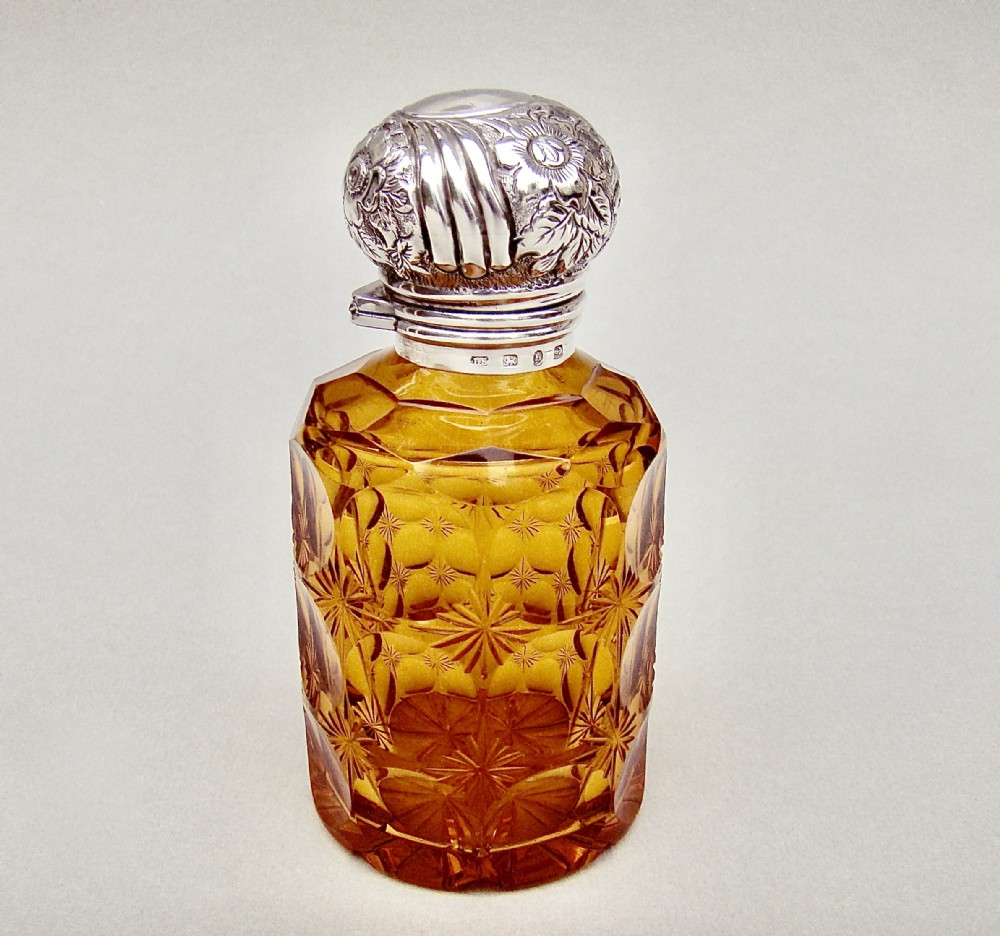 FABULOUS SILVER MOUNTED LARGE AMBER GLASS SCENT BOTTLE BY LIONEL SPIERS, BIRMINGHAM 1892