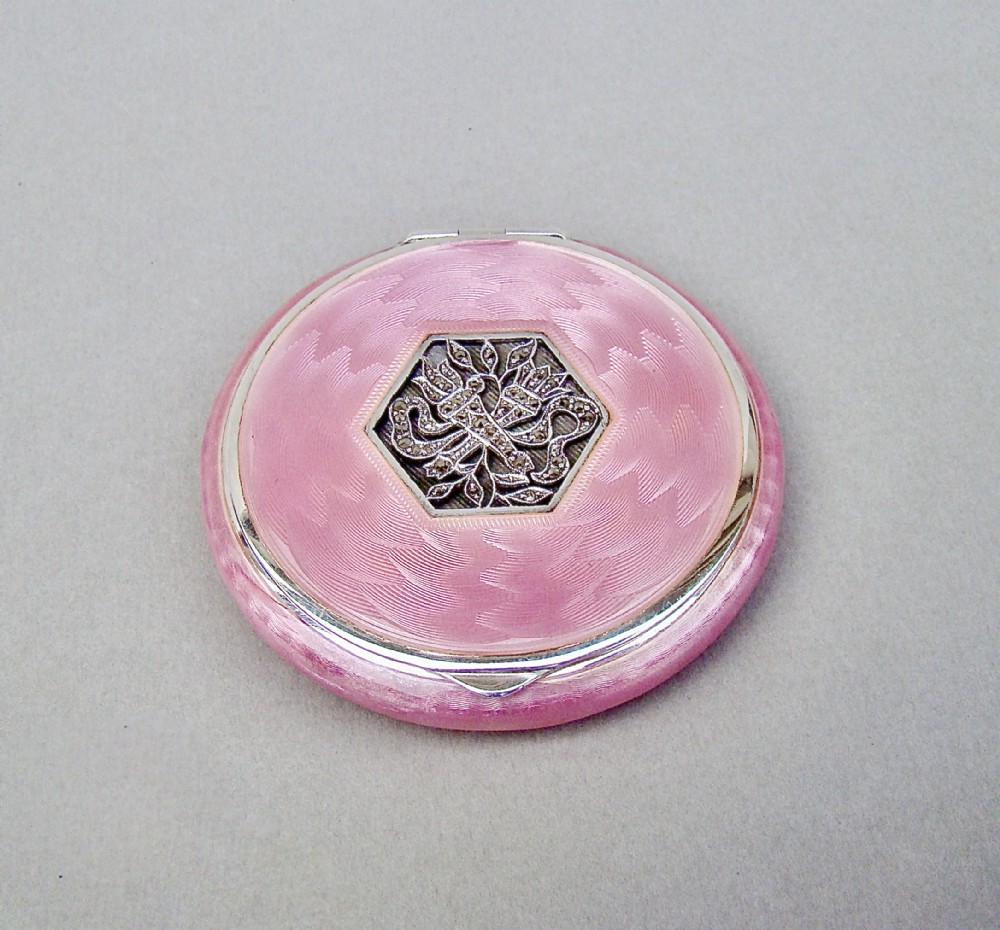 FABULOUS ART DECO SILVER AND GUILLOCHE ENAMEL COMPACT WITH MARCASITE DECORATIONS, GLASGOW IMPORT MARKS 1929