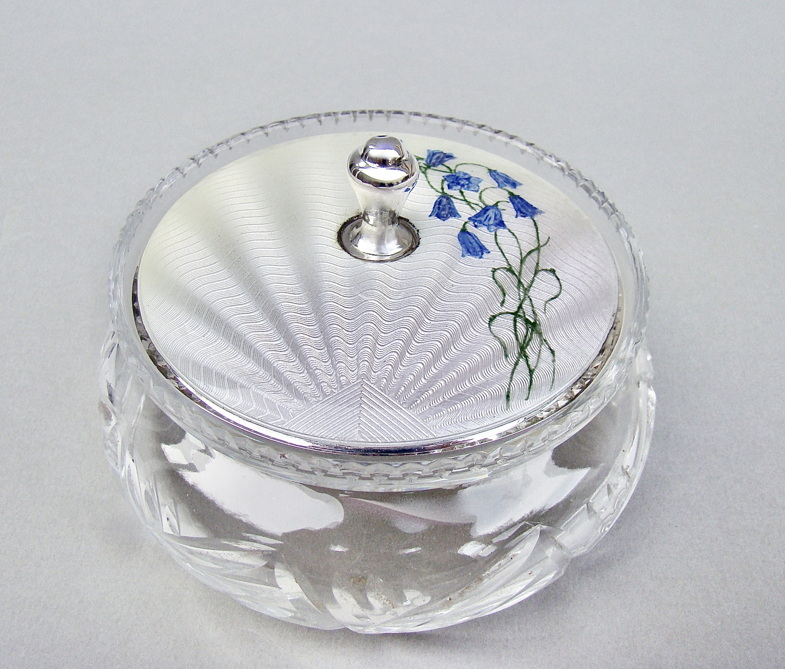 FABULOUS ART DECO SILVER & GUILLOCHE ENAMEL TOILETRY JAR BY CHARLES GREEN & CO, BIRMINGHAM 1933