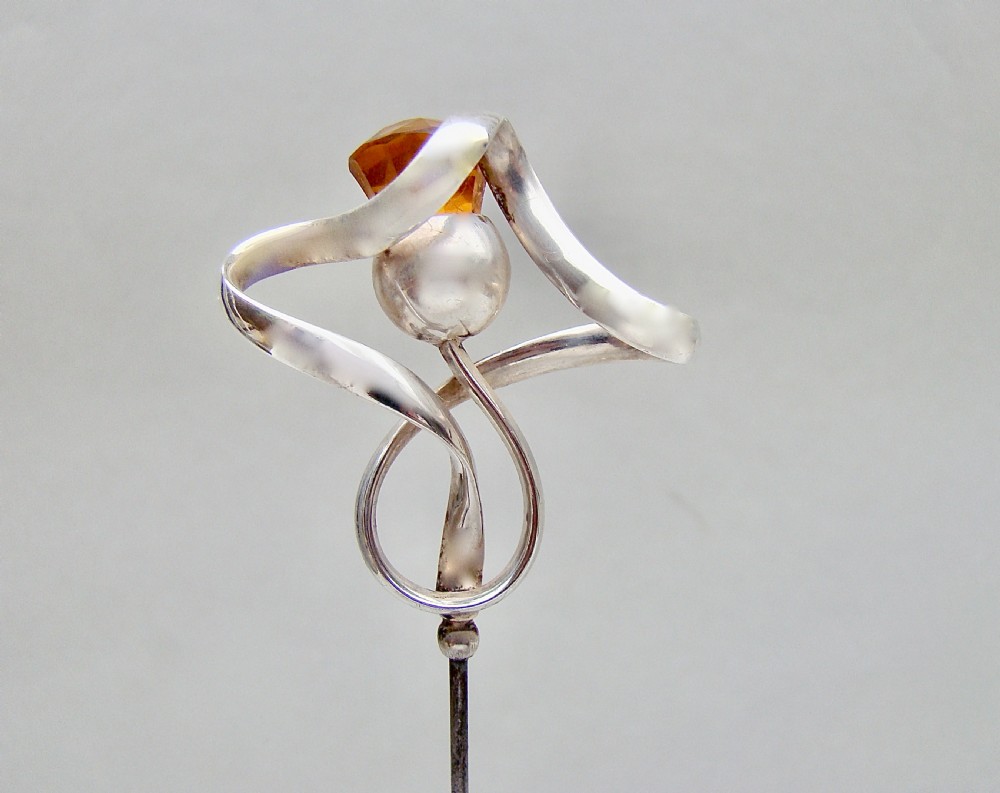 SUPER EDWARDIAN SILVER & AMBER GLASS HAT PIN BY CHARLES HORNER, CHESTER 1909