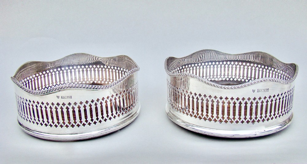 SUPERB PAIR OF MID-CENTURY SOLID SILVER WINE COASTERS BY  J. B.  CHATTERLEY & SONS, BIRMINGHAM 1969.
