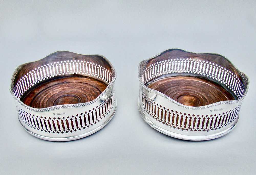 SUPERB PAIR OF MID-CENTURY SOLID SILVER WINE COASTERS BY  J. B.  CHATTERLEY & SONS, BIRMINGHAM 1969.
 View II
