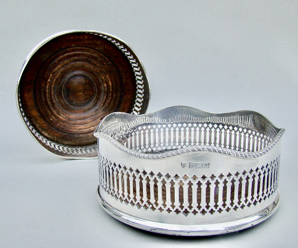 SUPERB PAIR OF MID-CENTURY SOLID SILVER WINE COASTERS BY  J. B.  CHATTERLEY & SONS, BIRMINGHAM 1969.
 View V