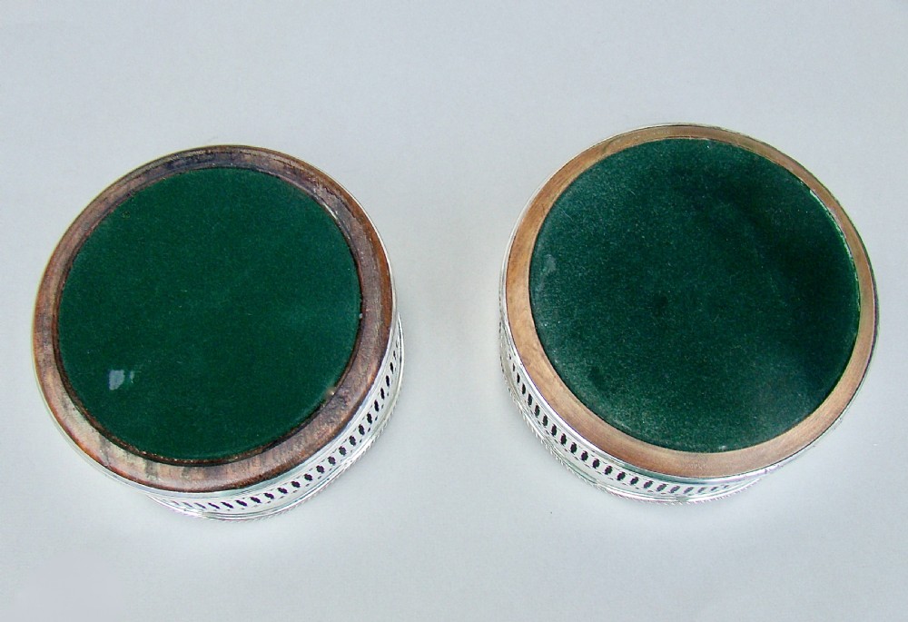 SUPERB PAIR OF MID-CENTURY SOLID SILVER WINE COASTERS BY  J. B.  CHATTERLEY & SONS, BIRMINGHAM 1969.
 View VI