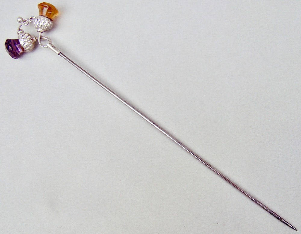 RARE SILVER & DUAL AMBER AND AMETHYST GLASS HAT PIN BY PEARCE & THOMPSON, BIRMINGHAM 1934 View II