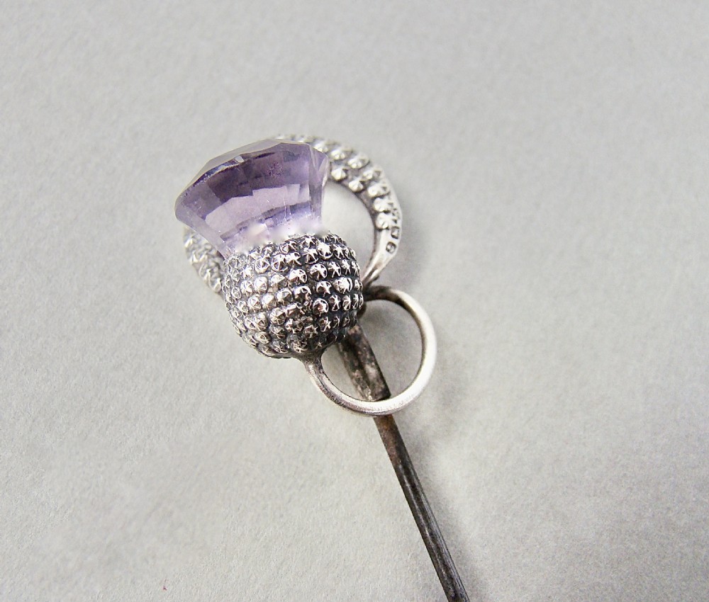 UNUSUAL ART DECO SILVER,  MARCASITE & AMETHYST GLASS HAT PIN , BIRMINGHAM 1934 View III