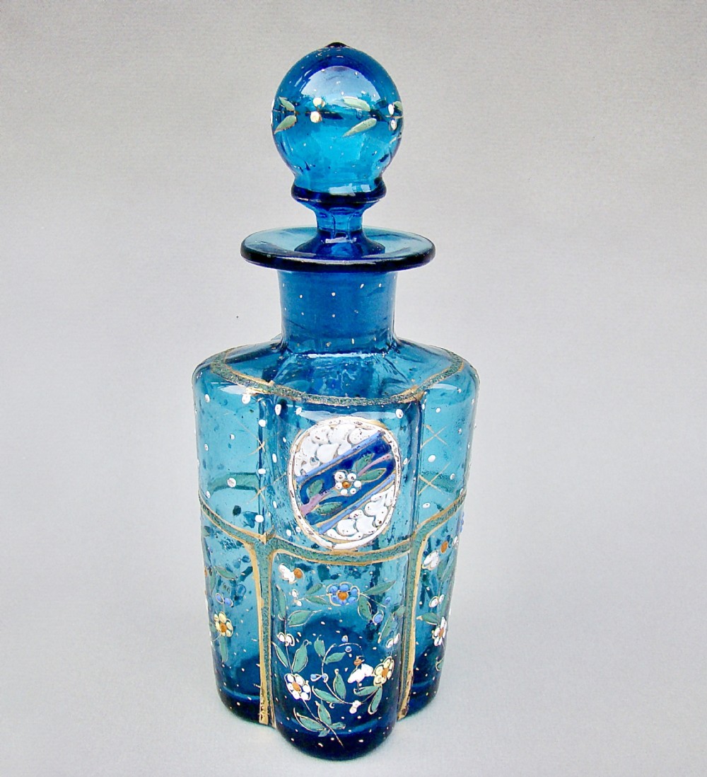 UNUSUAL VICTORIAN GILT & ENAMELLED TURQUOISE GLASS COLOGNE BOTTLE, CIRCA 1890