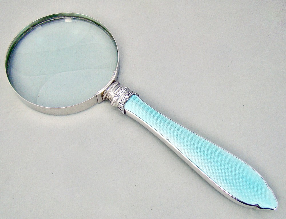 STUNNING ART DECO SILVER & GUILLOCHE ENAMEL LARGE DESK MAGNIFYING GLASS BY WILLIAM YATES, BIRMINGHAM 1931