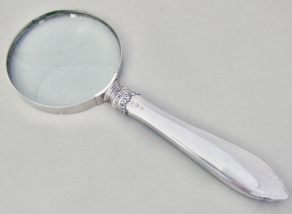 STUNNING ART DECO SILVER & GUILLOCHE ENAMEL LARGE DESK MAGNIFYING GLASS BY WILLIAM YATES, BIRMINGHAM 1931 View III