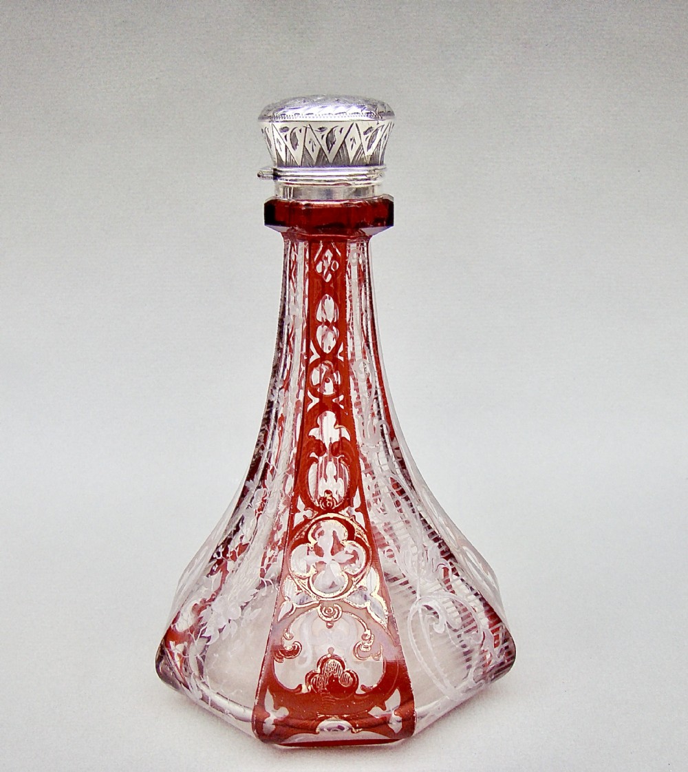 FABULOUS VICTORIAN SILVER AND BOHEMIAN RUBY GLASS SCENT BOTTLE, CIRCA 1880