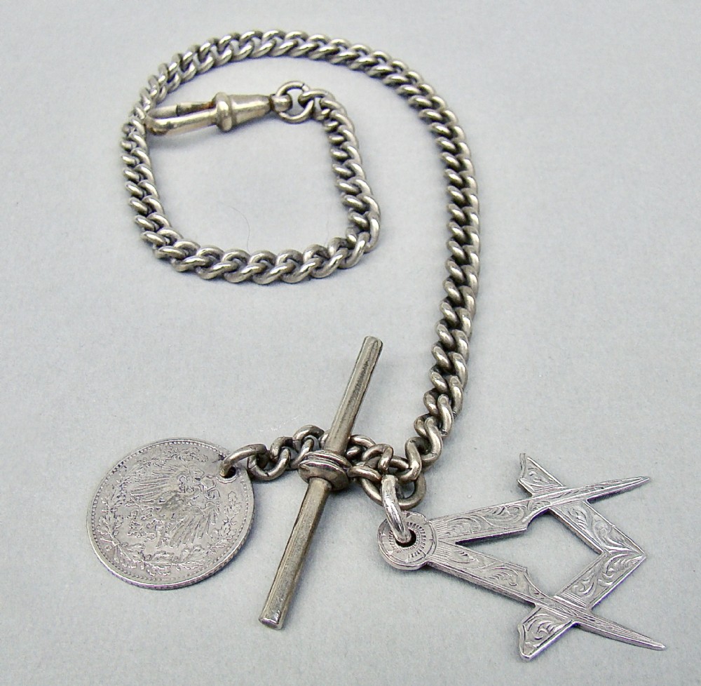 WATCH CHAIN WITH VICTORIAN SILVER MASONIC PENDANT BY JOSEPH BLADON, LONDON 1898