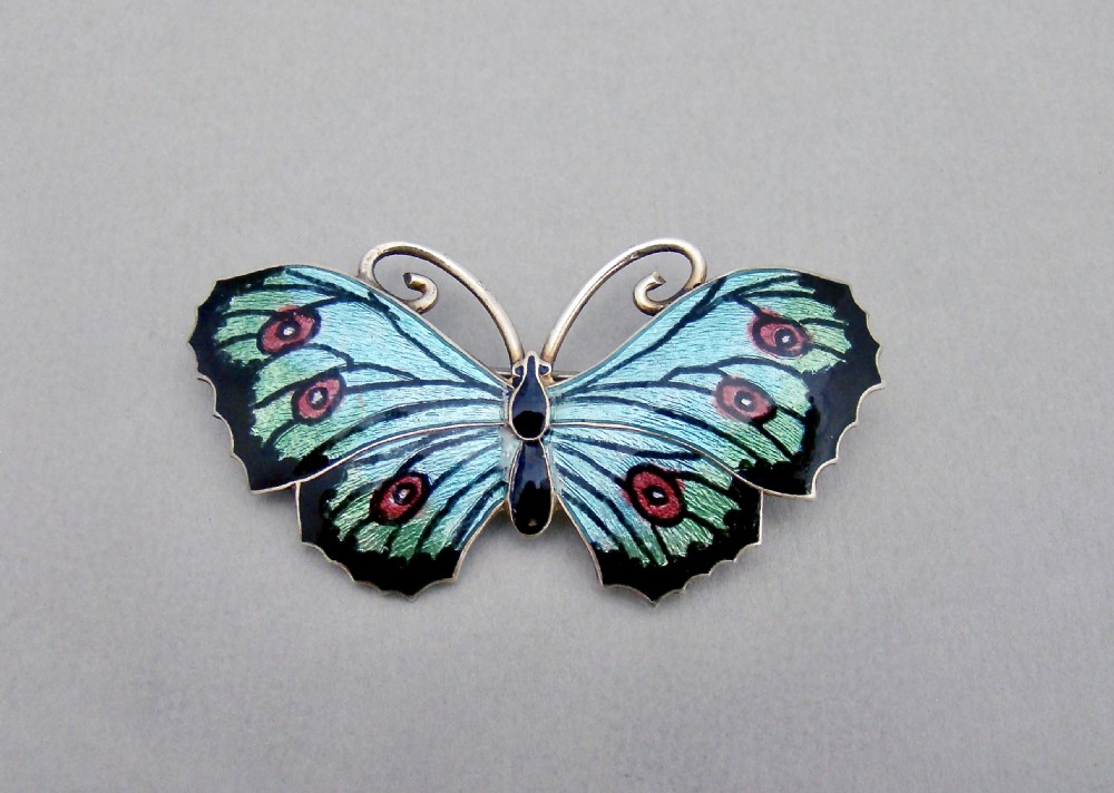 ART DECO SILVER & GUILLOCHE ENAMEL BUTTERFLY BROOCH BY THOMAS LYSTER MOTT, BIRMINGHAM 1919