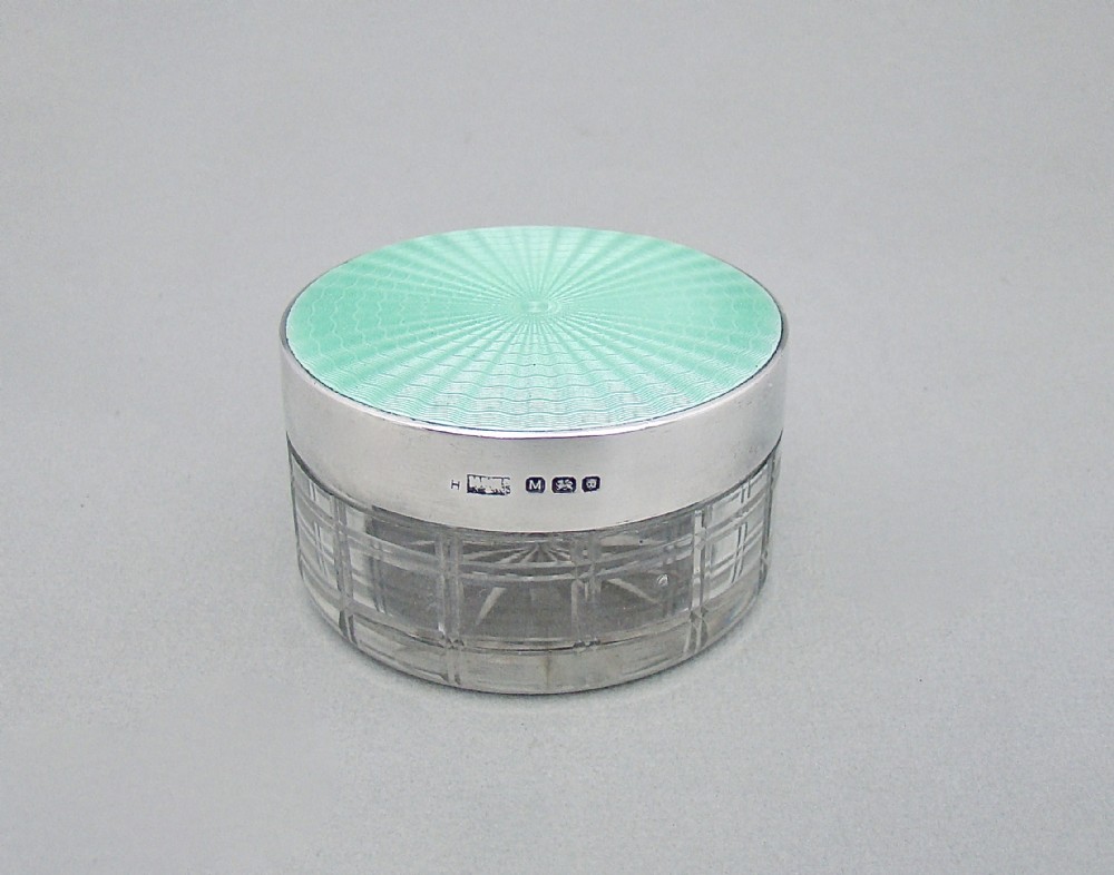FABULOUS MAPPIN & WEBB SILVER & GUILLOCHE ENAMEL DRESSING TABLE JAR, LONDON 1947