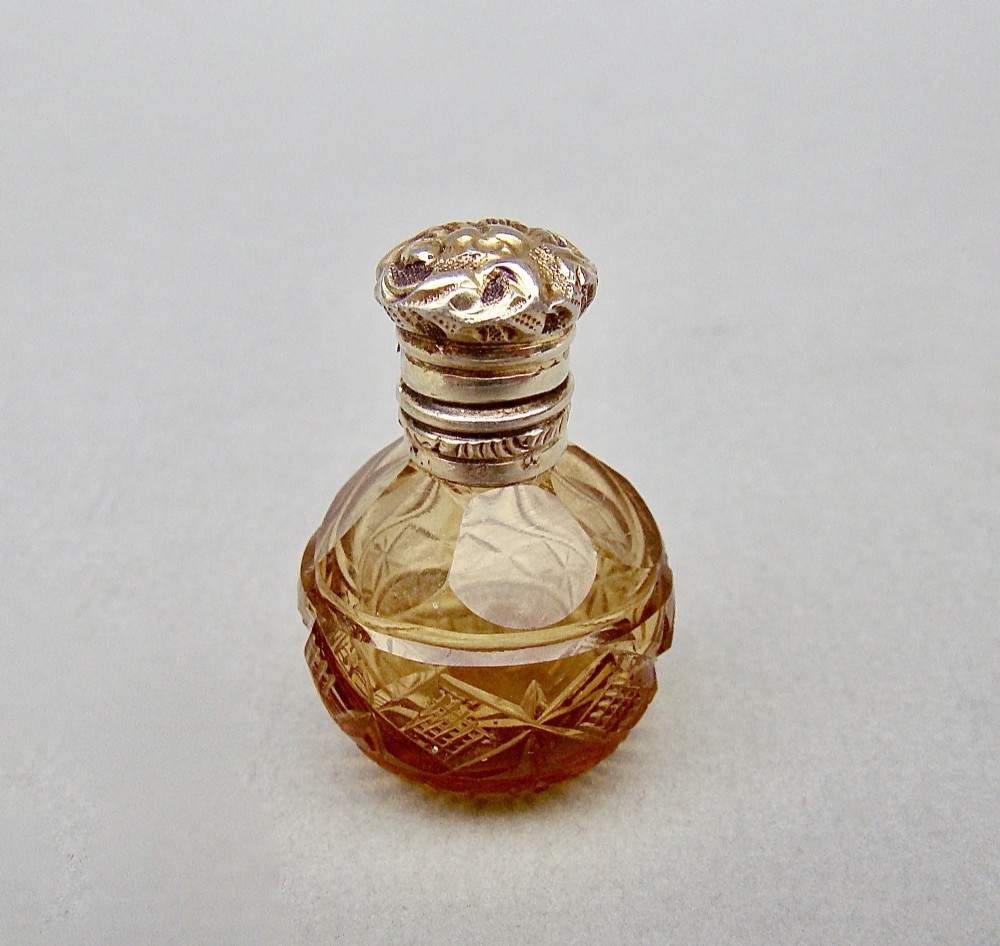 RARE MINIATURE 19TH C. FRENCH SILVER GILT & AMBER GLASS SCENT BOTTLE, CIRCA 1870