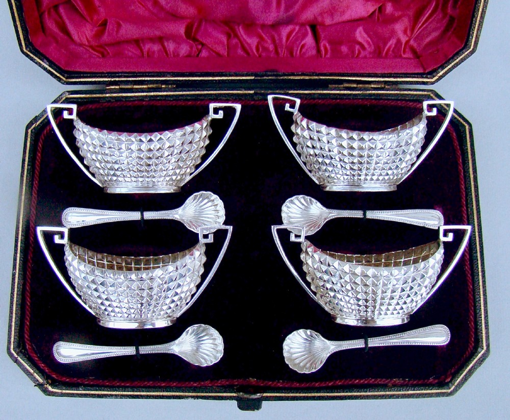 FABULOUS CASED SET OF FOUR VICTORIAN SILVER SALT CELLARS BY JAMES DIXON & SONS, SHEFFIELD 1889
