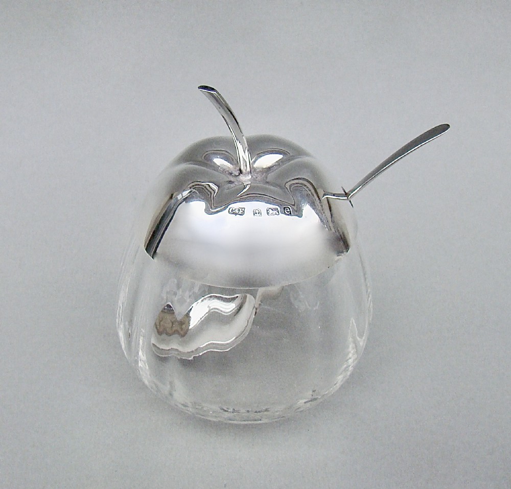 EDWARDIAN SILVER APPLE-SHAPED PRESERVE JAR BY COLES & FRYER, BIRMINGHAM 1905
