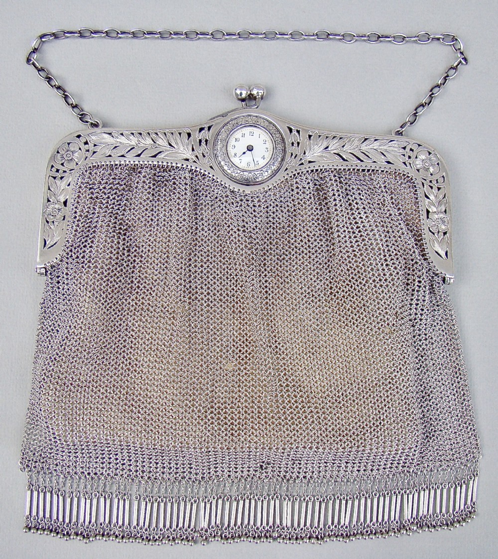 RARE & FABULOUS ART DECO SILVER LARGE EVENING BAG INSET WITH WATCH, CIRCA 1930