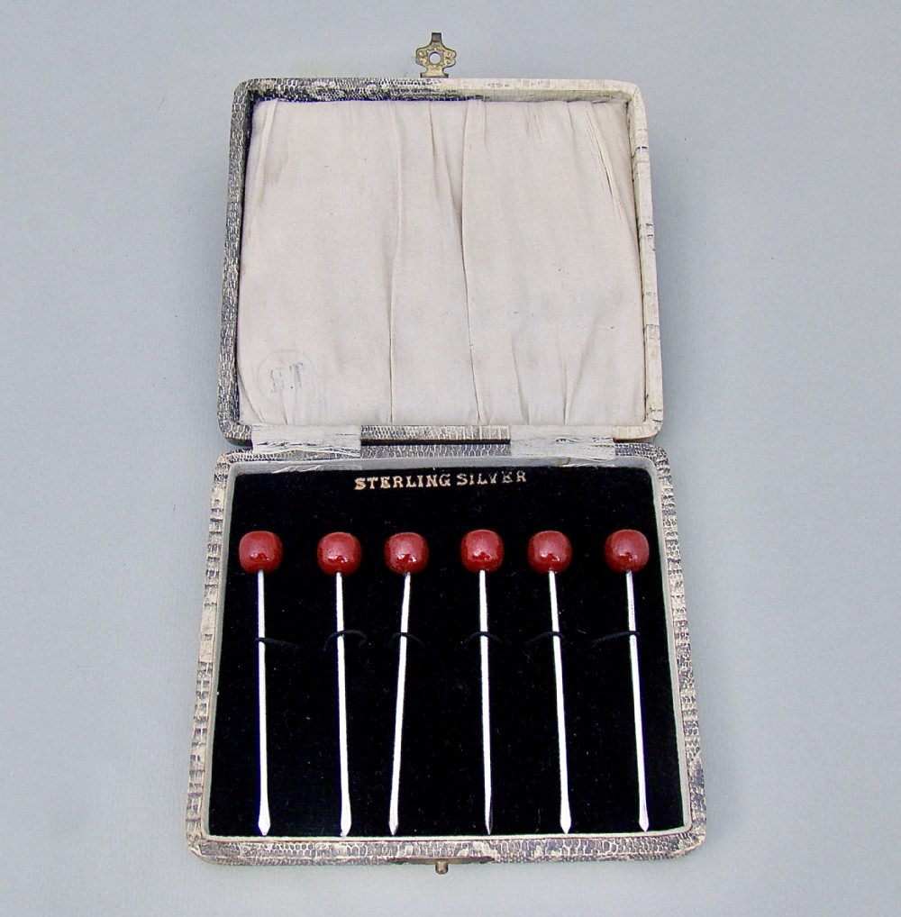 CASED SET OF ART DECO STERLING SILVER COCKTAIL CHERRY STICKS, CIRCA 1930