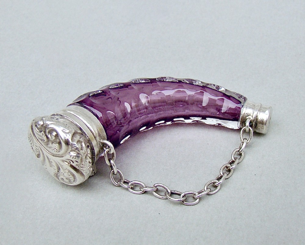 RARE VICTORIAN SILVER CORNUCOPIA AMETHYST GLASS SCENT BOTTLE, CIRCA 1870