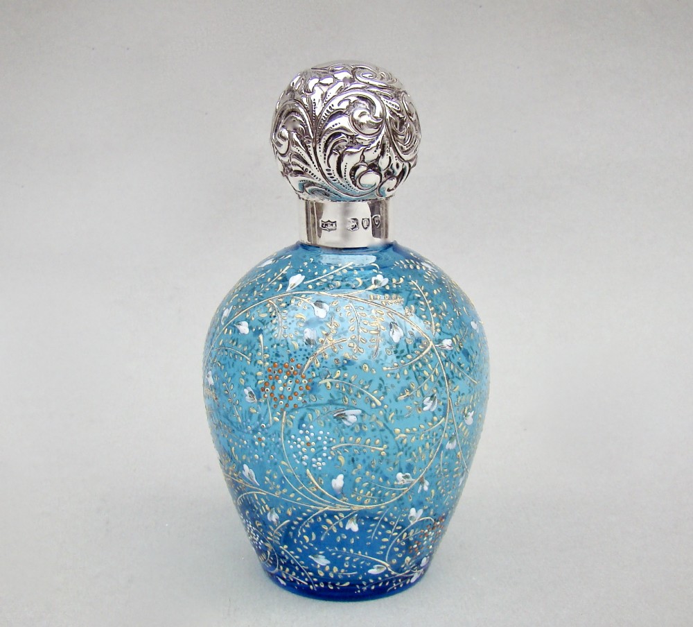 VICTORIAN SILVER LIDDED TURQUOISE ENAMELLED GLASS SCENT BOTTLE BY MAPPIN & WEBB,  LONDON 1894