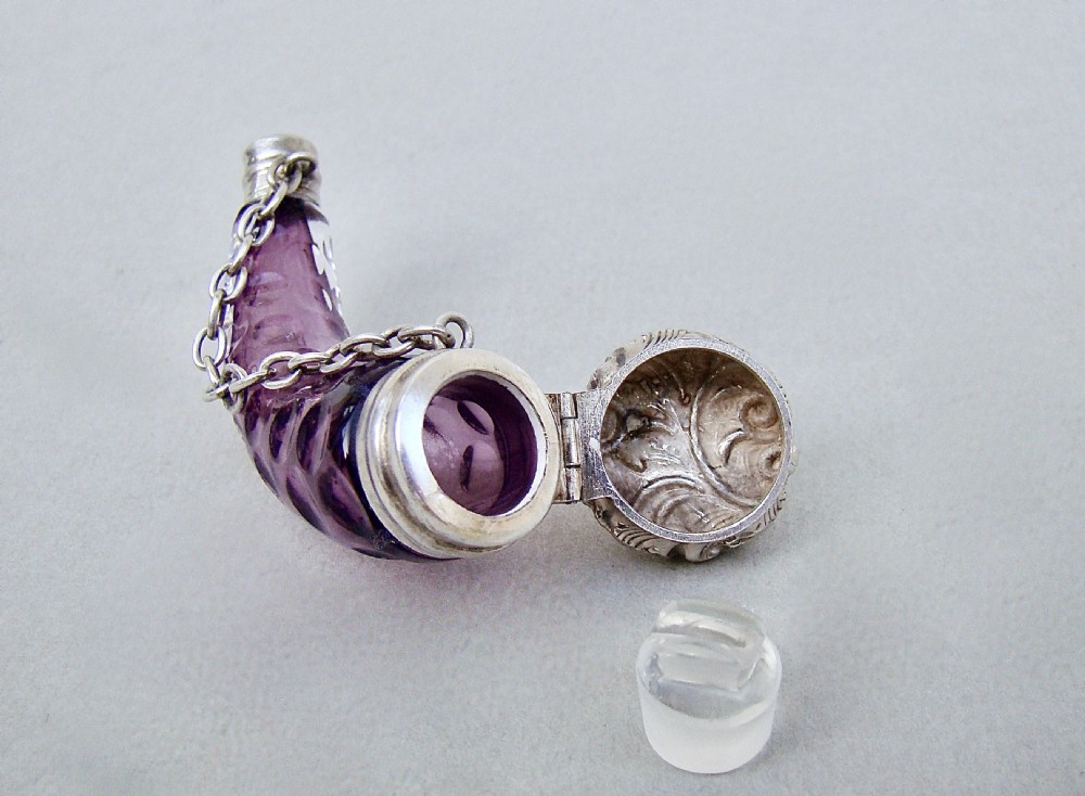 RARE VICTORIAN SILVER CORNUCOPIA AMETHYST GLASS SCENT BOTTLE, CIRCA 1870 View V