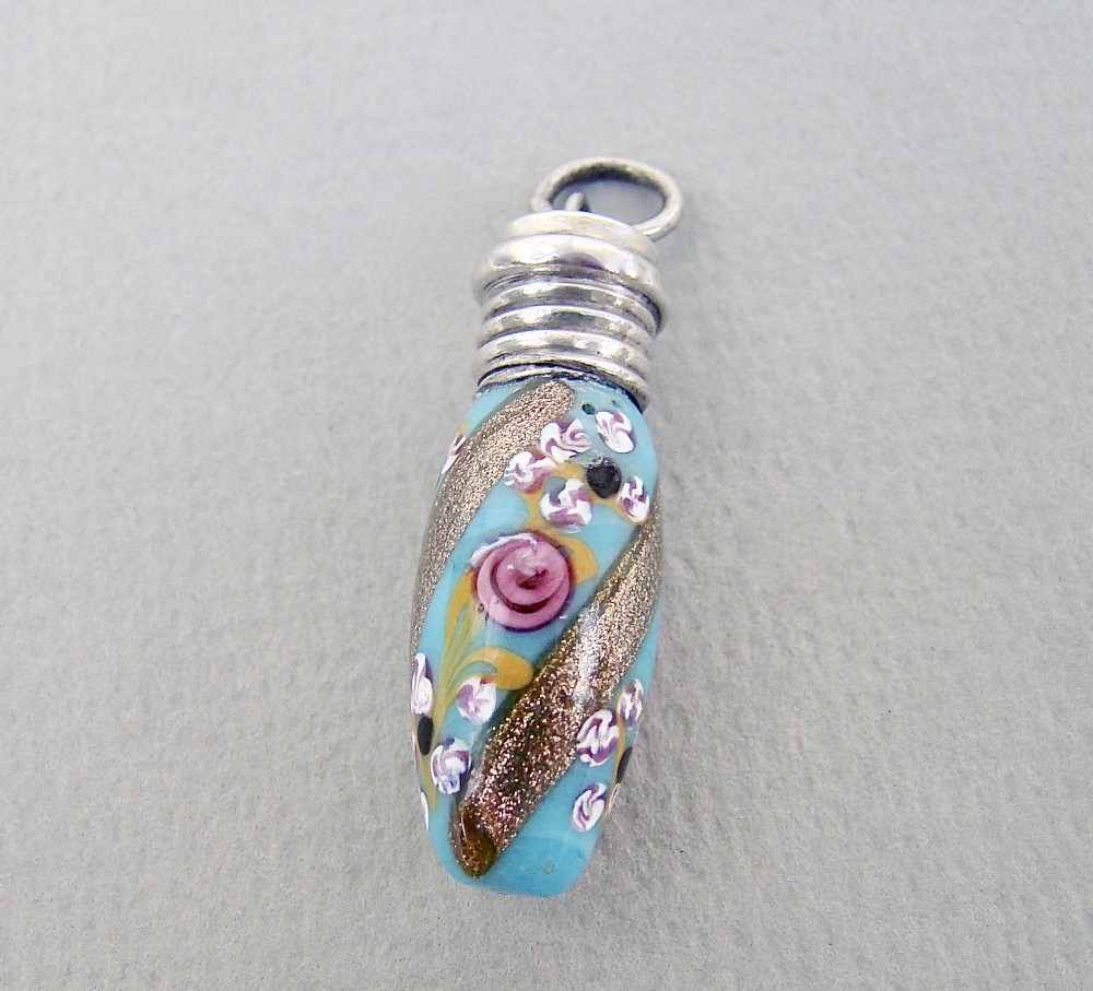 RARE MINIATURE EDWARDIAN SILVER & VENETIAN GLASS CHATELAINE SCENT BOTTLE, BIRMINGHAM 1901