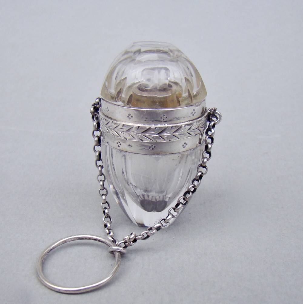 19TH C. FRENCH SILVER MOUNTED EGG-SHAPED CRYSTAL GLASS SCENT BOTTLE