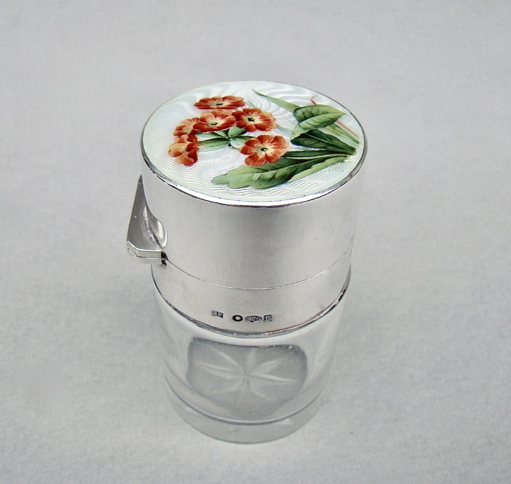 FABULOUS EDWARDIAN SILVER & GUILLOCHE ENAMEL SCENT BOTTLE,  LONDON 1905