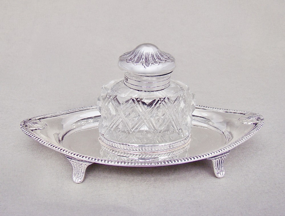 EXQUISITE VICTORIAN SILVER & GLASS INKSTAND BY BY HENRY WILKINSON & CO, LONDON 1892
