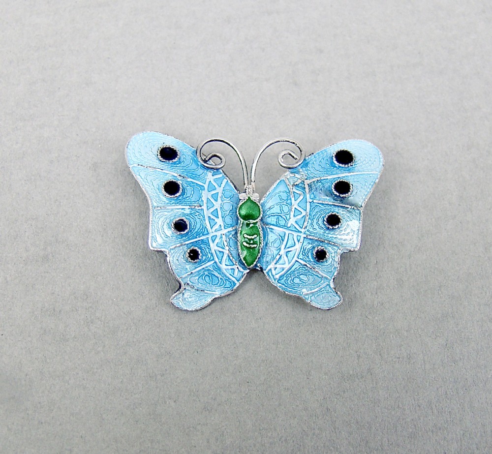 SCANDINAVIAN STERLING SILVER & GUILLOCHE ENAMEL BUTTERFLY BROOCH, CIRCA 1930