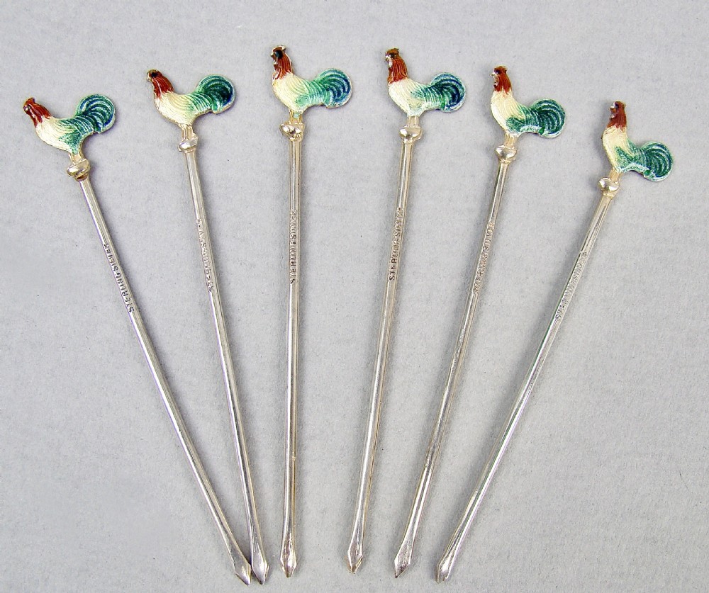 MID-CENTURY CASED SET OF SIX STERLING SILVER ENAMELLED COCKEREL COCKTAIL STICKS, CIRCA 1950 View II