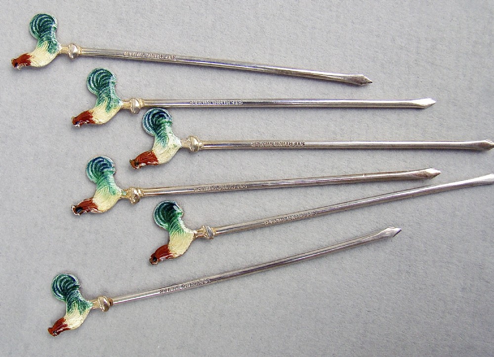 MID-CENTURY CASED SET OF SIX STERLING SILVER ENAMELLED COCKEREL COCKTAIL STICKS, CIRCA 1950 View III