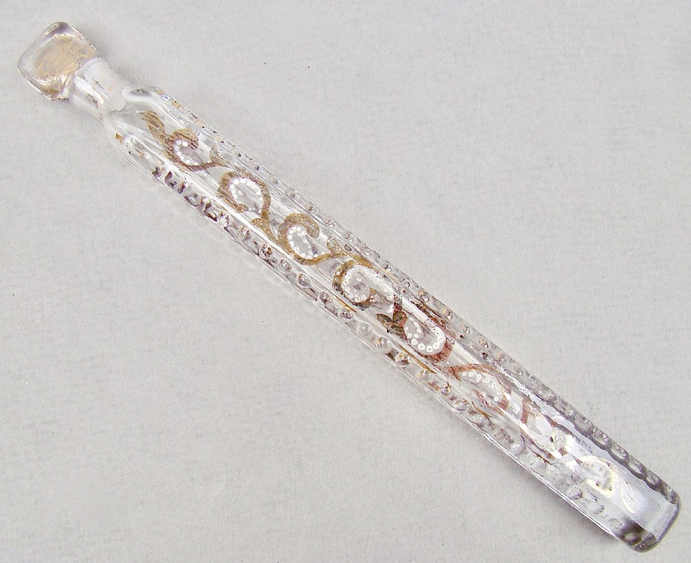 UNUSUAL LARGE OXFORD LAVENDER  GILT & ENAMELLED SCENT BOTTLE, CIRCA 1860
