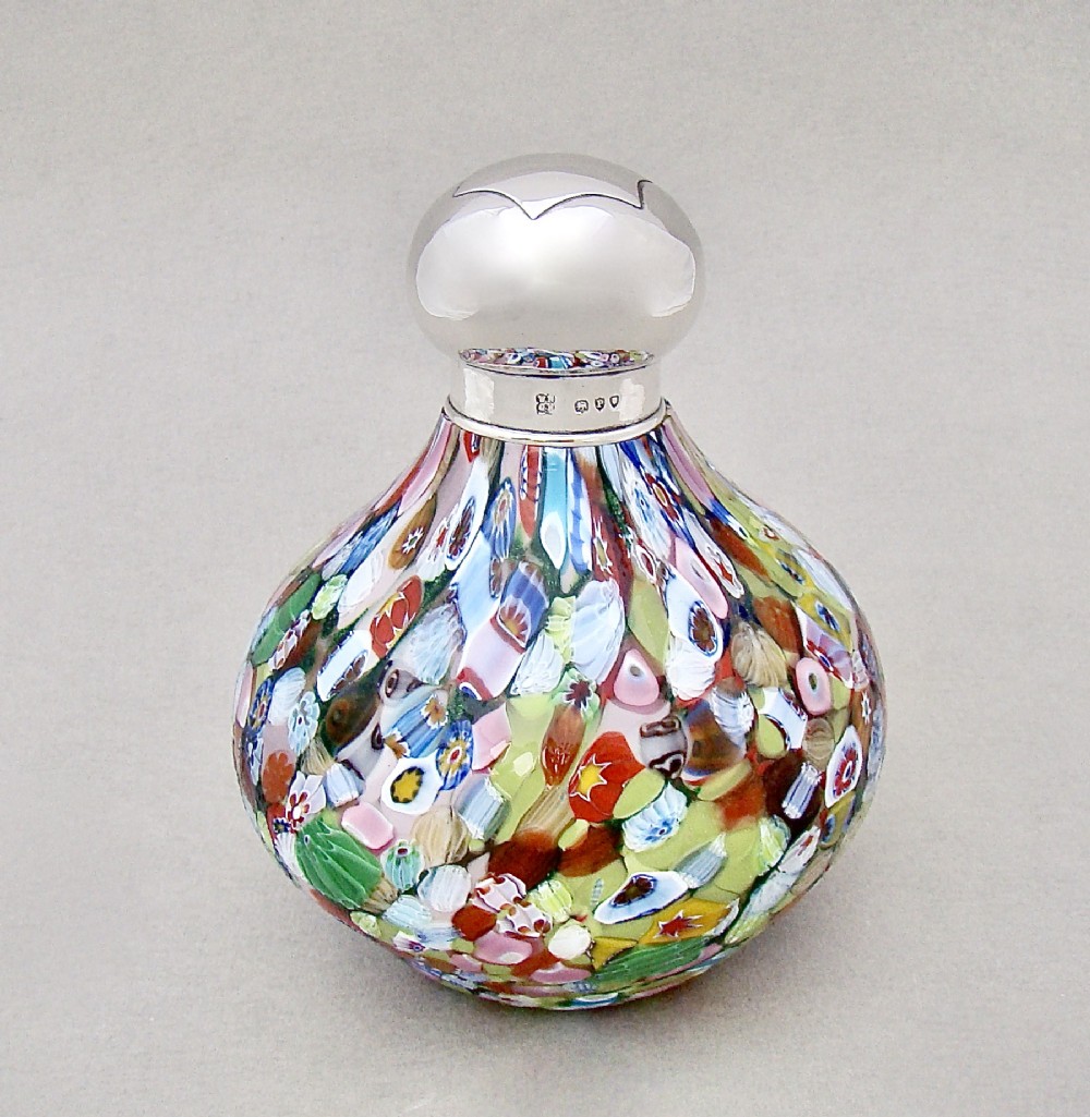 FABULOUS VICTORIAN SILVER MOUNTED LARGE MILLEFIORI GLASS SCENT BOTTLE BY W & G  NEAL, LONDON 1890