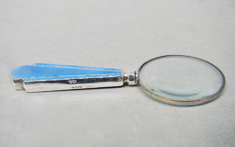 SMALL ART DECO SILVER & GUILLOCHE ENAMEL MAGNIFYING GLASS , BIRMINGHAM 1938
 View II