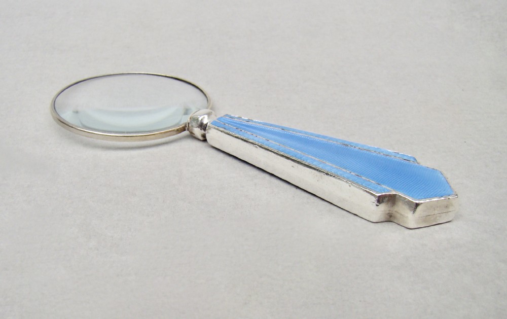 SMALL ART DECO SILVER & GUILLOCHE ENAMEL MAGNIFYING GLASS , BIRMINGHAM 1938
 View IV