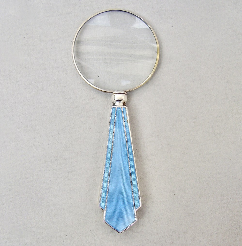 SMALL ART DECO SILVER & GUILLOCHE ENAMEL MAGNIFYING GLASS , BIRMINGHAM 1938
