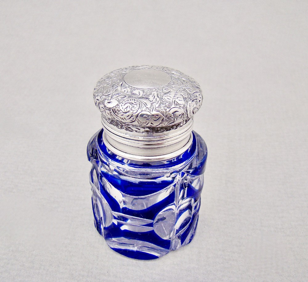 FABULOUS VICTORIAN SILVER AND BRISTOL BLUE BOHEMIAN GLASS SCENT BOTTLE BY SAMPSON MORDAN, LONDON 1894