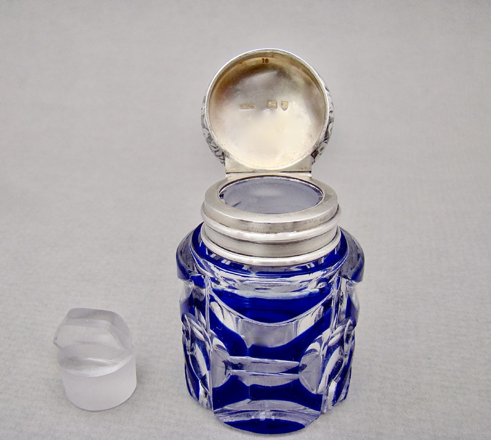 FABULOUS VICTORIAN SILVER AND BRISTOL BLUE BOHEMIAN GLASS SCENT BOTTLE BY SAMPSON MORDAN, LONDON 1894 View VIII