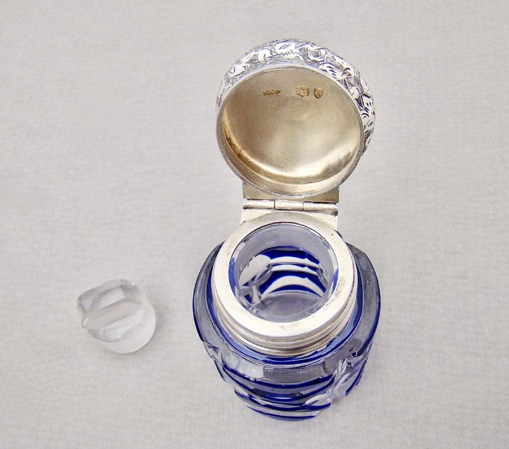 FABULOUS VICTORIAN SILVER AND BRISTOL BLUE BOHEMIAN GLASS SCENT BOTTLE BY SAMPSON MORDAN, LONDON 1894 View IX