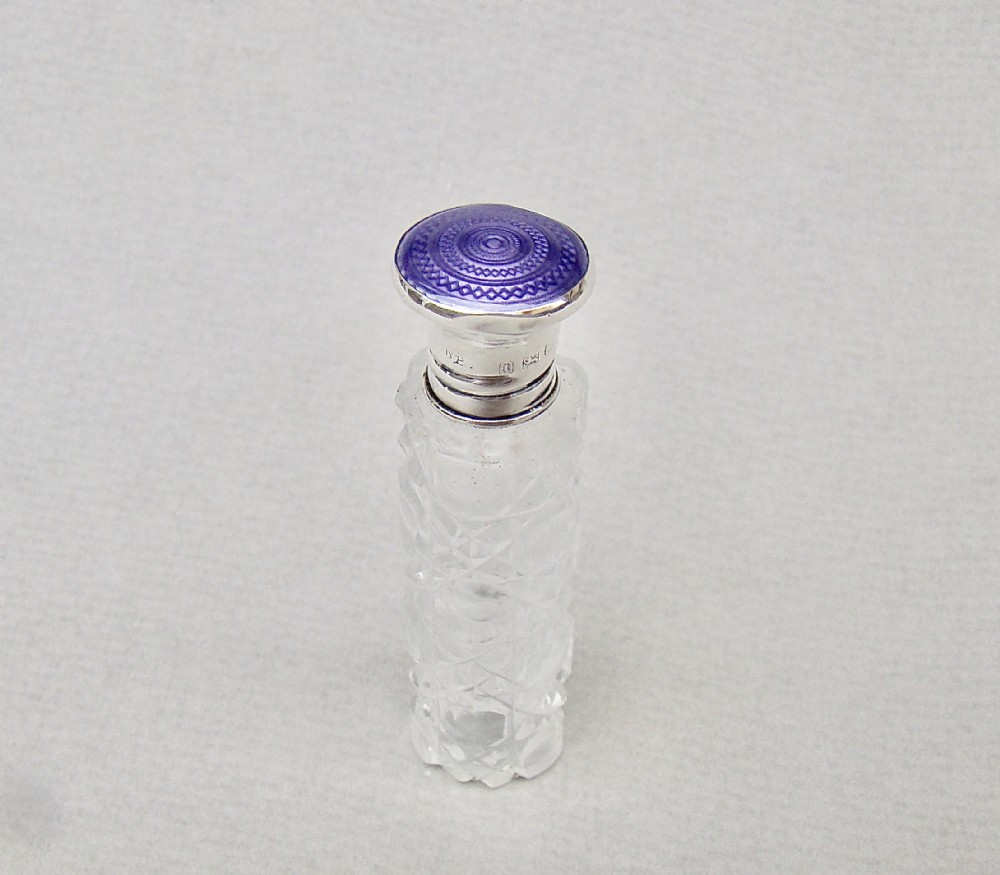 GEORGE V SILVER & GUILLOCHE ENAMEL CUT GLASS SCENT BOTTLE , BIRMINGHAM 1918
