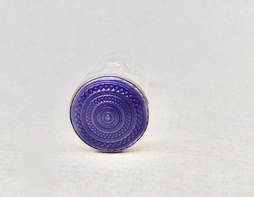GEORGE V SILVER & GUILLOCHE ENAMEL CUT GLASS SCENT BOTTLE , BIRMINGHAM 1918
 View VI