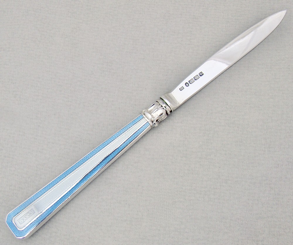 VICTORIAN SILVER AND DUAL COLOUR GUILLOCHE ENAMEL LETTER OPENER BY JOHN GILBERT, BIRMINGHAM 1876