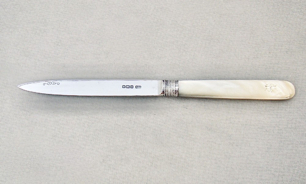 GEORGE V SILVER AND MOTHER OF PEARL LETTER OPENER BY ALLEN & DARWIN, SHEFFIELD 1912